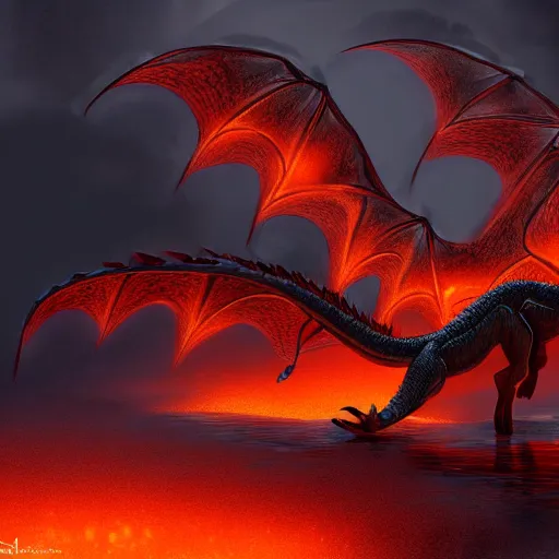 Prompt: commission of a beautiful digital painting of a feminine female dragon dragoness scaled scales horns wings tail feral bathing wading in lava molten pool, atmospheric lighting, concept art, detailed, furaffinity, trending on artstation