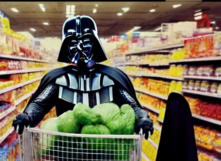 Image similar to film still of Darth Vader goes grocery shopping in the new Star Wars movie, 4k