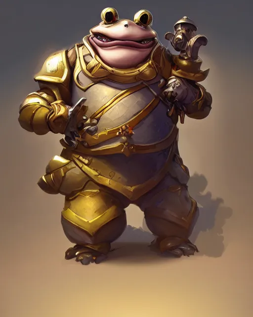 Image similar to a fat short anthropomorphic toad wearing regal ornate armor, battle stand, smooth, intricate, elegant, power aura, digital painting, artstation, concept art, high tech fantasy, sharp focus, illustration, art by james jean and justin gerard, overwatch character