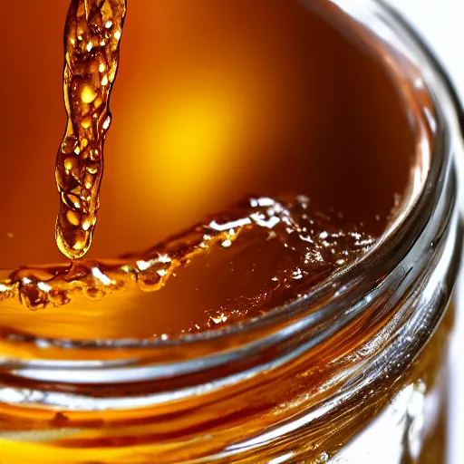 Prompt: HD macro photo of honey dripping slowly into a jar, beautiful detailed high quality