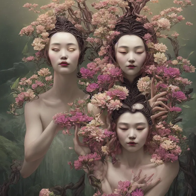 Image similar to breathtaking detailed concept art painting art deco portrait of gaea the goddess amalgamation flowers, by hsiao - ron cheng, bizarre compositions, exquisite detail, extremely moody lighting, 8 k