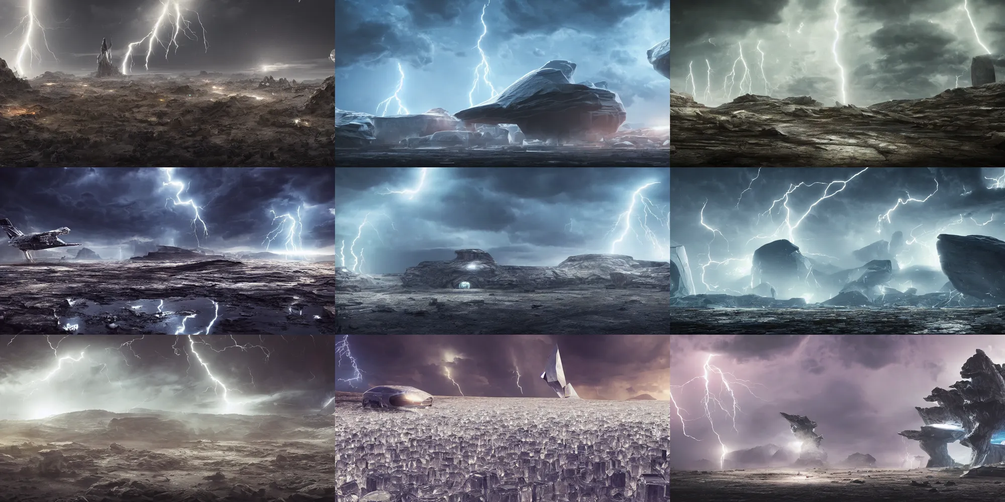 Prompt: landscape made of crystal, lightning storm, spaceship landed on the ground, cinematic, detailed, epic, widescreen, opening, establishing, mattepainting, photorealistic, 4 k, octane render