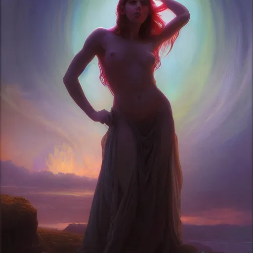 Image similar to concept art painting of a beautiful figure called the moonbow queen, a rainbow in the dark, colorful, by Michael Whelan, William Adolphe Bouguereau, and Donato Giancola, highly rendered, beautiful, cyberpunk, artstation, extremely moody lighting, glowing light and shadow, atmospheric, shadowy, cinematic, 8K