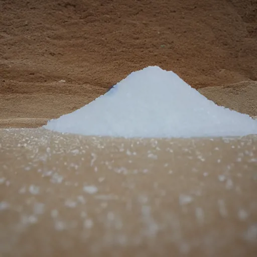 Prompt: mound of salt shaped like a 30 year old woman in ancient Canaanite clothing, cracked desert background. somber. haunting. 40mm lens, shallow depth of field, split lighting