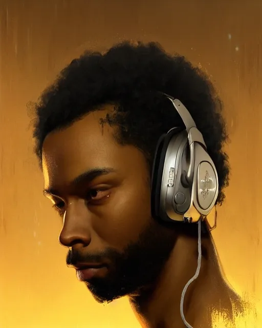 Image similar to light skin black man with headphones at his home studio producing music late at night, very detailed, 4 k, concept art like ernest khalimov, intricate details, highly detailed by greg rutkowski, ilya kuvshinov, gaston bussiere, craig mullins, simon bisley