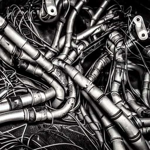 Image similar to boken machines, wiring cables, tendons, electrical damage, trashcore, grime grunge