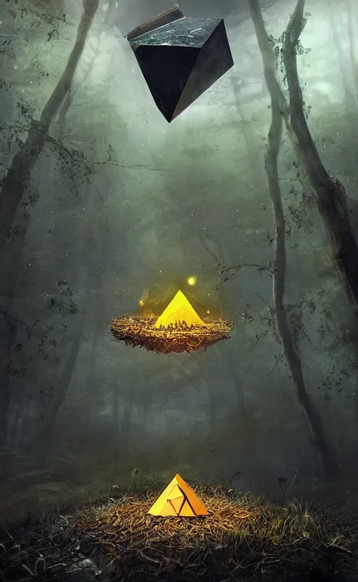 Image similar to dark fantasy photorealistic concept art of bill cipher floating in the middle of a forest with glowing yellow eyes, and pebbles floating in the air, gloomy seen, dynamic lighting, ambient lighting, atmospherical, stunning visuals, creative, cinematic, ultra detailed, trending on art station