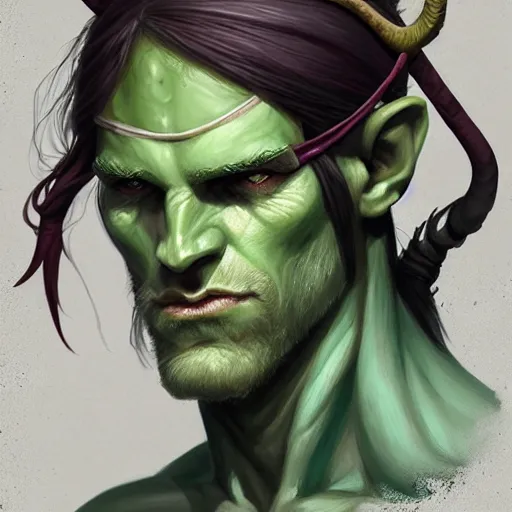 Prompt: dnd head and shoulders portrait, green - skinned, blindfolded male tiefling, pirate, sickly, untrustworthy, horned, greasy long black hair, scrawny, by charlie bowater, lise deharme, wlop, trending on artstation, dungeons and dragon, dnd, pathfinder, fanart, oil on canvas
