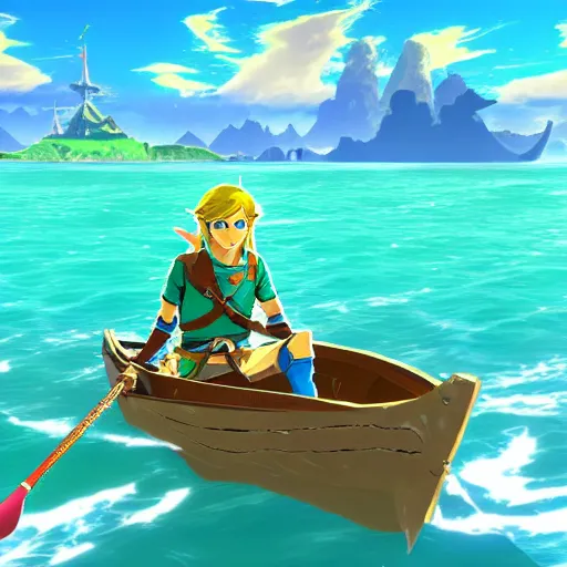 Prompt: link sailing in a boat past an island in the style of breath of the wild, cell shaded, very detailed, 4k,