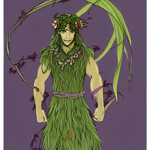 Image similar to male firbolg druid with vines and hibiscus flowers as hair simple drawing, pointy ears, gray skin, dungeons and dragons, comic style