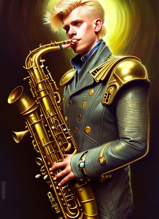 Prompt: portrait of a blond man playing sax, warhammer 40000, cyberpunk, intricate, elegant, highly detailed, digital painting, artstation, concept art, smooth, sharp focus, illustration, art by artgerm and greg rutkowski and alphonse mucha and Gustav Klimt