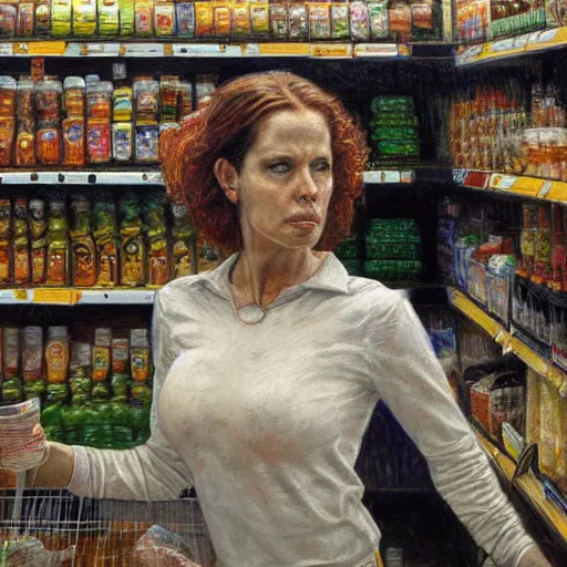 Image similar to portrait of a female survivor in the empty supermarket, by donato giancola.