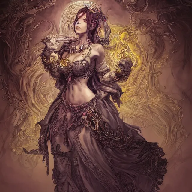 Image similar to the portrait of chaotic good female druid alchemist as absurdly beautiful, gorgeous, elegant, young gravure idol, an ultrafine hyperdetailed illustration by kim jung gi, irakli nadar, intricate linework, sharp focus, bright colors, octopath traveler, final fantasy, unreal engine 5 highly rendered, global illumination, radiant light, detailed and intricate environment