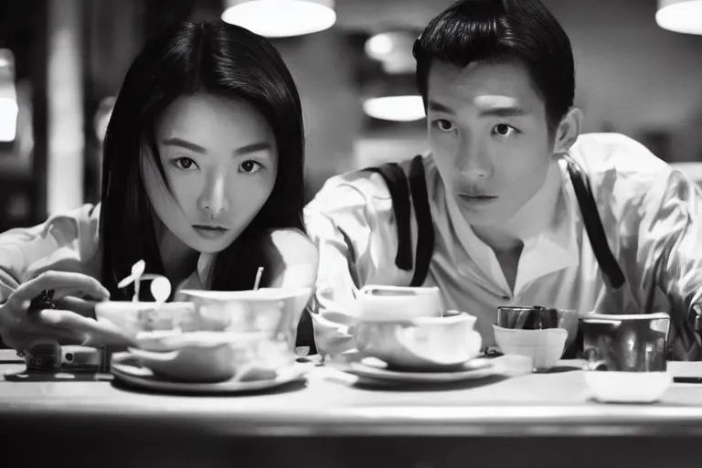 Image similar to movie interior closeup beautiful Chinese fashion model couple closeup sitting at 50s diner, night in the city, beautiful skin, by Emmanuel Lubezki