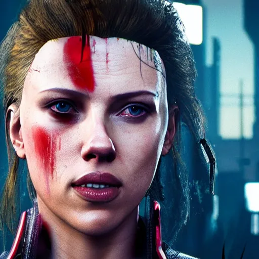 Prompt: bruised scarlett johansson after a bad mission in Cyberpunk 2077. CP2077. 3840 x 2160