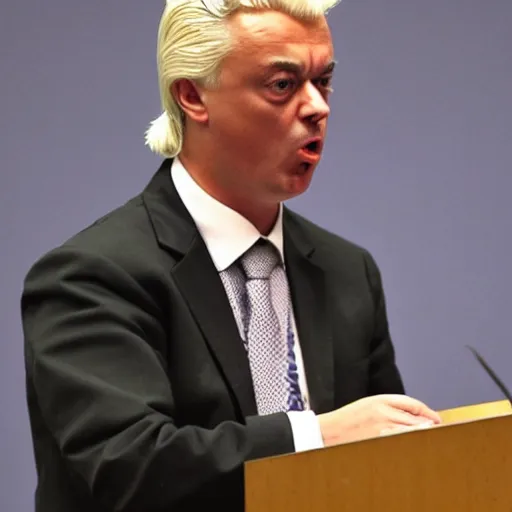 Image similar to geert wilders as judge raising hammer looking angry