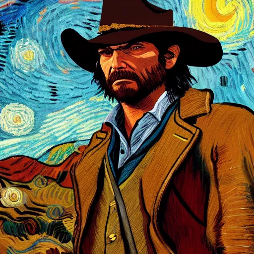 Prompt: John Marston (from Red Dead Redemption 2) in the style of Vincent Van Gogh, masterpiece digital painting, 4k wallpaper, intricate detail, beautiful, gorgeous, stunning, artstation