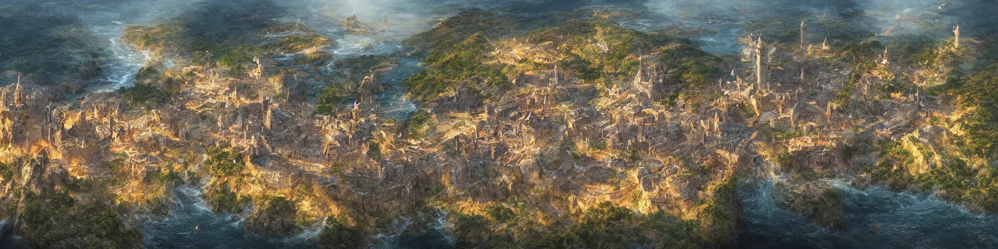 Image similar to Aerial map of a medieval city on top of a giant waterfall, D&D, fantasy, highly detailed, digital painting, sharp focus, illustration, gigapixel, art by artgerm and greg rutkowski and james gurney, cinematic, golden hour