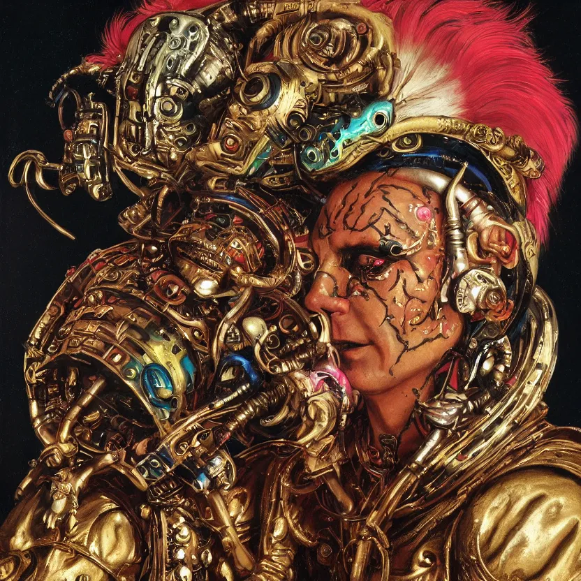 Prompt: a baroque close - up portrait of a fantasy alien cyborg shaman wearing facepaint and a colorful futuristic aztec headset with metallic technology, holding a bird. cosmic black background. studio lighting. highly detailed science fiction fantasy painting by norman rockwell, moebius, frank frazetta, syd mead, and sandro botticelli. high contrast. renaissance masterpiece. artstation