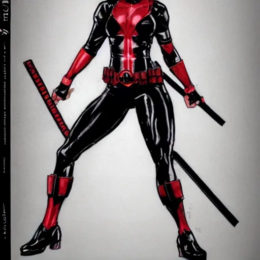 Image similar to Lucy Liu as Deadpool full body concept art, by Simon Bisley