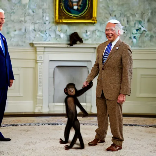 Image similar to professional photograph of a baby monkey wearing a suit and joe biden standing next to each other in the white house, very detailed, very intricate, 8 k,