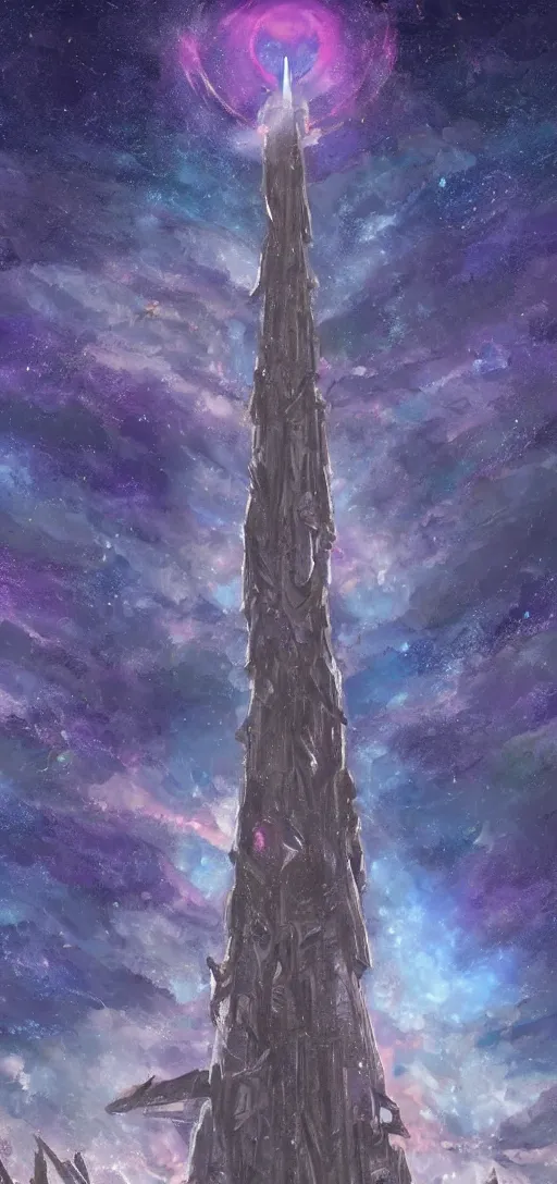 Prompt: Ancient Spire at the heart of the astral plain. beautiful clouds. dramatic lighting. starfield in the background. detailed digital painting. concept art.