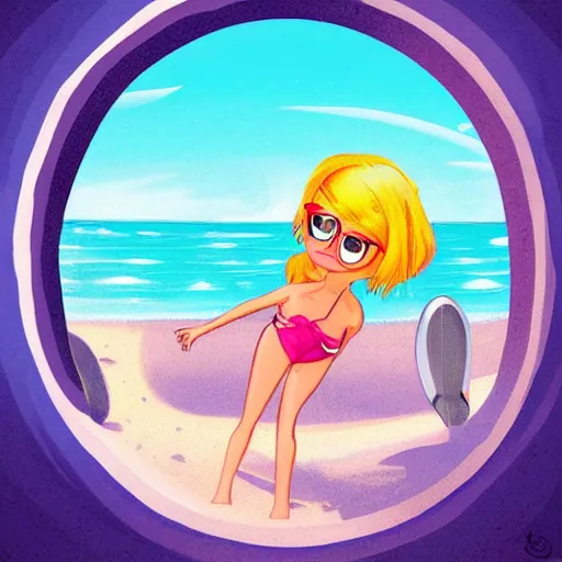 Image similar to a beautiful girl open a portal to the beach, cartoon style