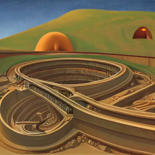 Prompt: 3 d cutaway view of a cardiovascular network of tunnels connecting round concrete domiciles, by grant wood, pj crook, edward hopper, oil on canvas