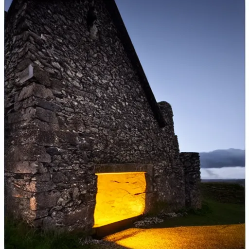 Prompt: ancient scottish dark stone blackhouse designed by le corbusier. dramatic lighting, sigma 2 4 mm, wide angle lens, ƒ / 8