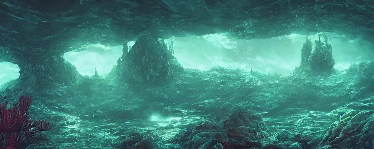 Image similar to ” underwater otherwordly landscape, [ deepsea, cinematic, detailed, epic, widescreen, opening, establishing, mattepainting, photorealistic, realistic textures, octane render, art by slop and paul lehr ] ”