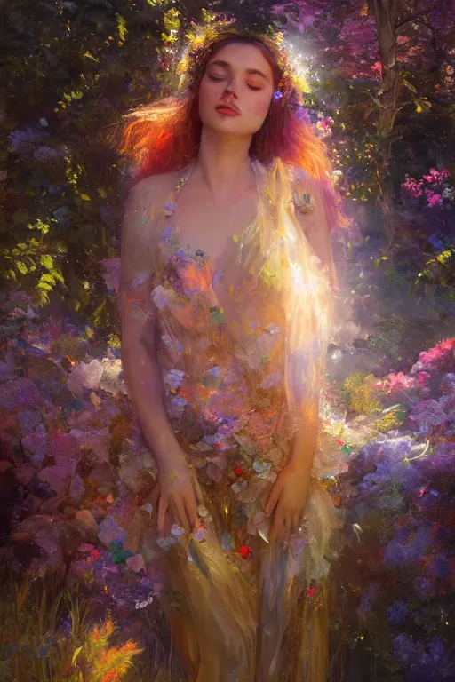 Image similar to The goddess of dreams and crystals in her arborial realm | hyperrealistic | volumetric lighting | artstation | 8k | golden hour | pino daeni and jc leyendecker