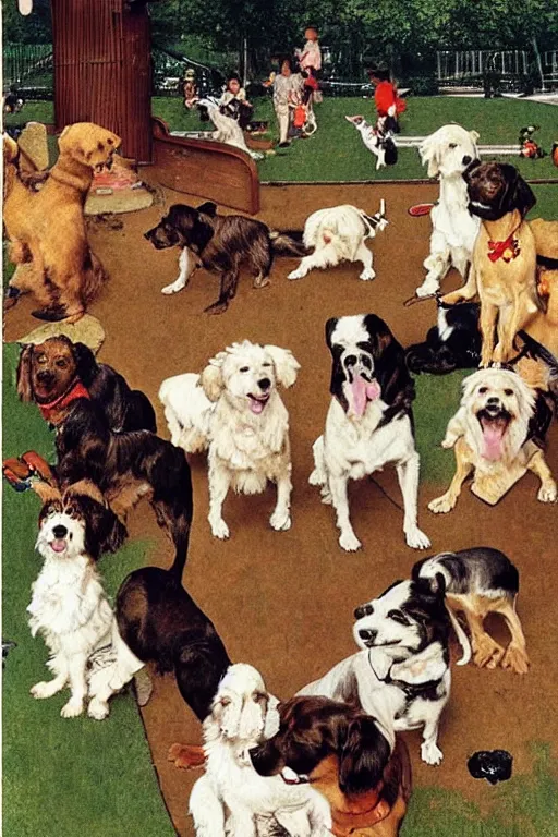 Prompt: a playground full of dogs by norman rockwell