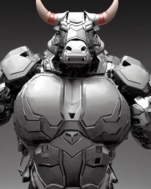 Prompt: a full body shot of an imposing cyborg ( bull ) modeled after a bull looking into the camera, android, cyborg, glowing eyes, full body shot, intricate, 3 d, hyper realism, symmetrical, octane render, strong bokeh, fantasy, highly detailed, depth of field, digital art, artstation, concept art, cinematic lighting, trending