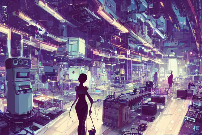 Prompt: closeup of sexy girl working in a vast robot repair shop, a broken android is laying on the ground, computer screens, dark cables hanging from ceiling , sci-fi vending machine, illustration by pascal campion, ghibli style, dynamic lighting, glowing lights, neons, science fiction