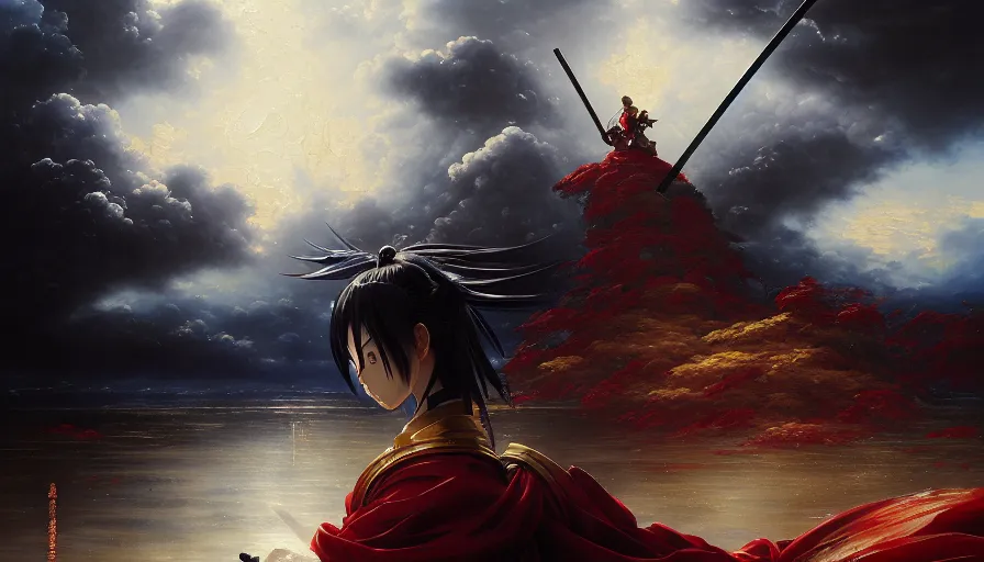 Image similar to baroque oil painting of key visual epic samurai war, rain, storm, realism, fake detail, trending pixiv fanbox, acrylic palette knife, style of makoto shinkai takashi takeuchi yoshiyuki sadamoto greg rutkowski chiho aoshima, artstation, manga