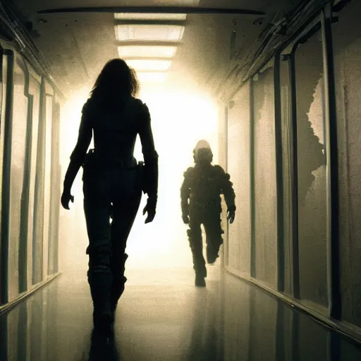 Image similar to ripley female protagonist walking through a tight corridor in the movie alien, exposed tubes, mysterious atmospheric lighting, matte painting, intricate, iridescent, volumetric lighting, beautiful, rich deep colours masterpiece, fog golden hour, golden ratio, sharp focus, ultra detailed, by leesha hannigan, ross tran, thierry doizon, kai carpenter, ignacio fernandez rios