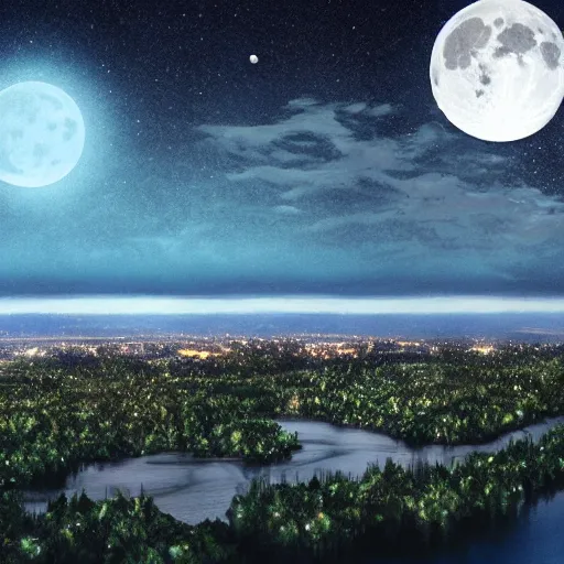 Prompt: a city on the moon with trees. river in the foreground. ocean in the background. half lit earth in the sky. moon mountains in the distance