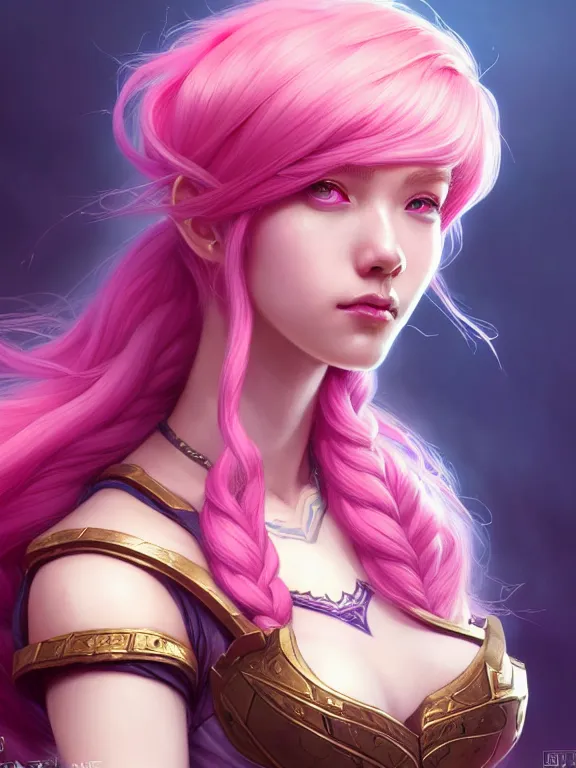 Image similar to a League of Legends FAN ART Portrait of VI, pink hair, intricate, elegant, highly detailed, digital painting, concept art, smooth, sharp focus, illustration, by Laurie Greasley,Lawrence Alma-Tadema,Dan Mumford,artstation,deviantart,Unreal Engine,face enhance,8K,golden ratio,cinematic lighting