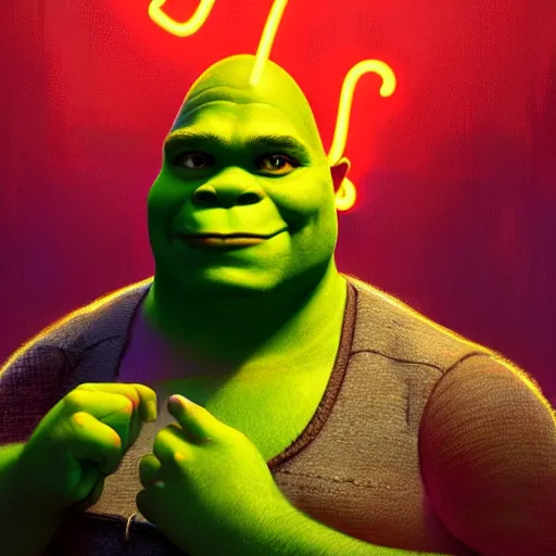 Prompt: neon portrait of shrek, highly detailed, digital painting, artstation, concept art, sharp focus, illustration, art by greg rutkowski and alphonse mucha