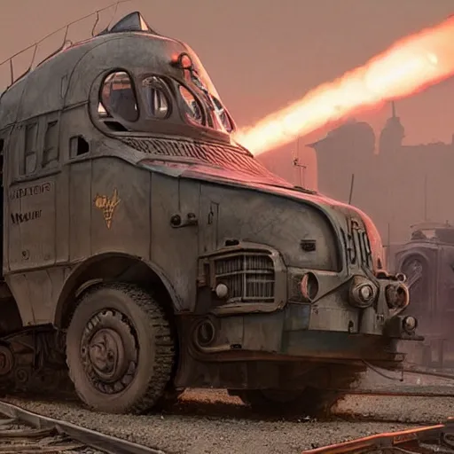 Image similar to a highly detailed epic cinematic concept art CG render digital painting artwork: dieselpunk patrol car inspired by a locomotive. By Greg Rutkowski, Ilya Kuvshinov, WLOP, Stanley Artgerm Lau, Ruan Jia and Fenghua Zhong, trending on ArtStation, subtle muted cinematic colors, made in Maya, Blender and Photoshop, octane render, excellent composition, cinematic atmosphere, dynamic dramatic cinematic lighting, precise correct anatomy, aesthetic, very inspirational, arthouse