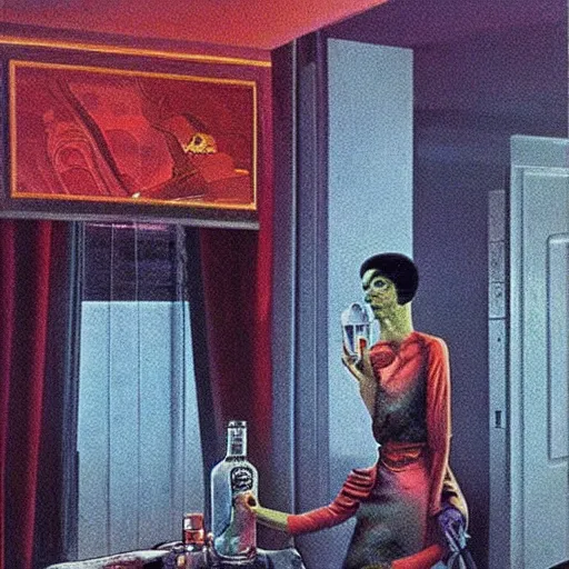 Image similar to alien drinks vodka, soviet apartment, top secret style, wayne barlowe, 1 9 7 0 s, color