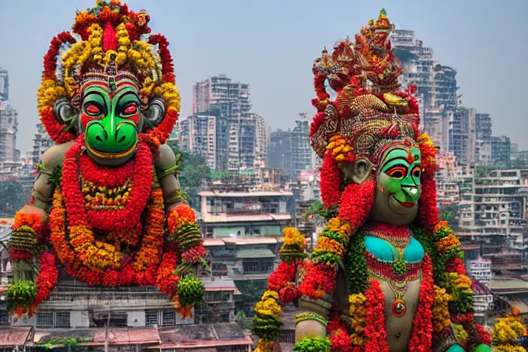 Image similar to high quality 3 d flowerpunk biomorphic hanuman head building in the middle of mumbai!!, kalighat highly detailed, cinematic smooth, stephen shore & john j. park, soft morning light, wide shot, high angle, uhd 8 k, deep focus