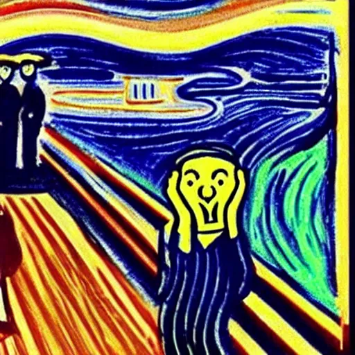 Image similar to donald trump as edvard munch's the scream, van gogh's the starry night in the background