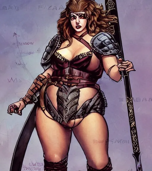Image similar to 1 9 8 0 s fantasy novel book cover, bbw plus size amazonian elizabeth gillies in extremely tight bikini armor wielding a cartoonishly large sword, exaggerated body features, dark and smoky background, low quality print