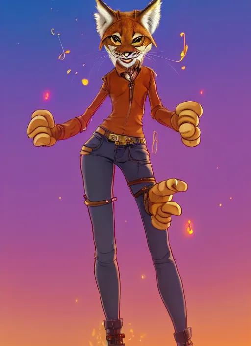 Image similar to wide angle beautiful full body portrait of a dancing female anthropomorphic anthro lynx fursona wearing steampunk leather pants and no boots, paw pads instead of feet and arms, character design by alena aenami, disney, anime, manga, artgerm, furaffinity, detailed, soft lighting,