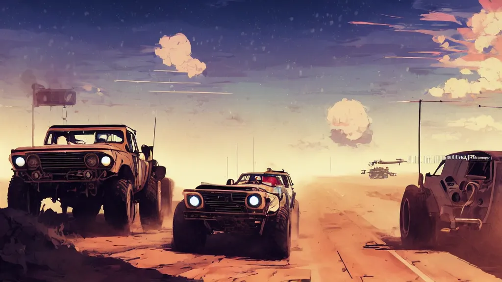 Image similar to digital illustration of mad max's fj 4 0 pursuit special, the last v 8 interceptor driving down a deserted cyberpunk highway in the middle of the day by studio ghibli, anime style year 2 0 9 3, by makoto shinkai, ilya kuvshinov, lois van baarle, rossdraws, basquiat