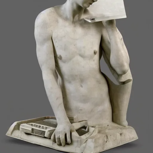 Image similar to a roman marble sculpture a person using a computer