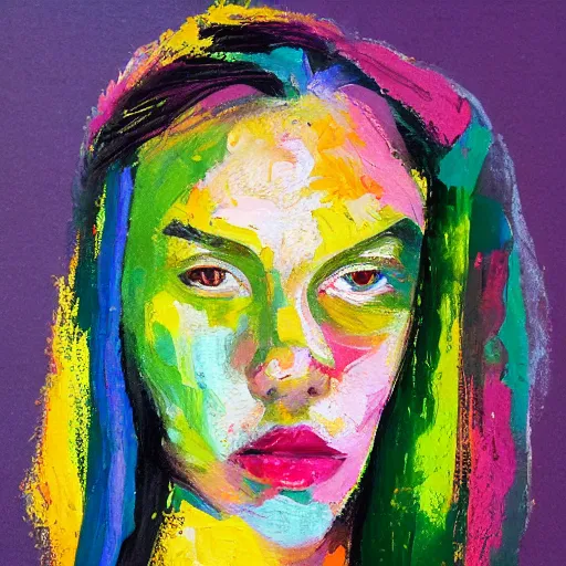 Prompt: portrait of beautiful woman painted with colorful gouache impasto