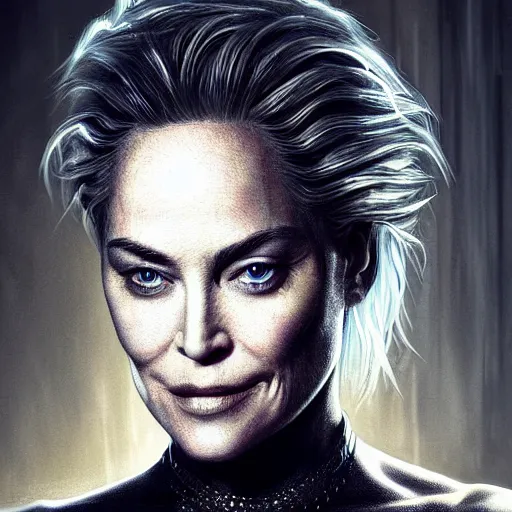 Image similar to sharon stone portrait, dystopia core, apocalyptic, armor, warrior, dramatic, sharp focus, fiction, neon, fantasy, hyper detailed, digital art, trending in artstation, cinematic lighting, studio quality, smooth render, unreal engine 5 rendered, octane rendered, art style and nixeu and wlop and krenz cushart