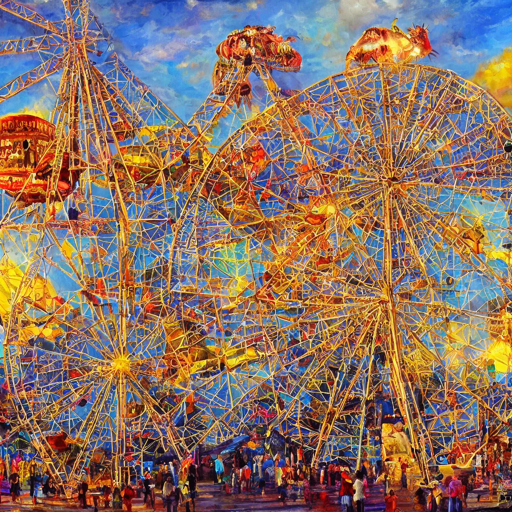 Prompt: a theme park in old egypt, pyramids, sphynx, ferris wheel, lights, carnival, oil painting